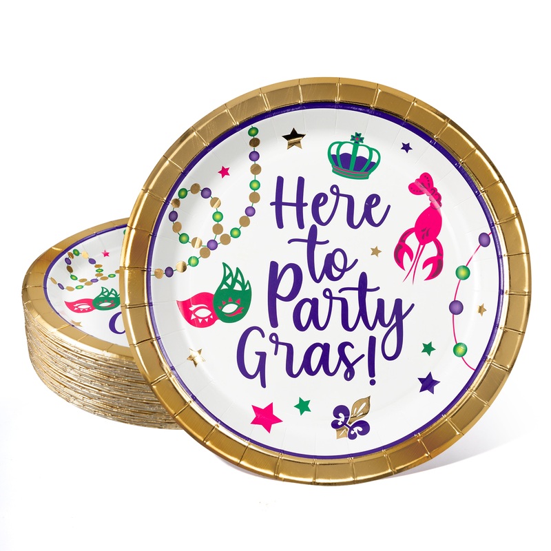 Mardi Gras Paper Plates with Gold, Green, Purple "Here to Party Gras"