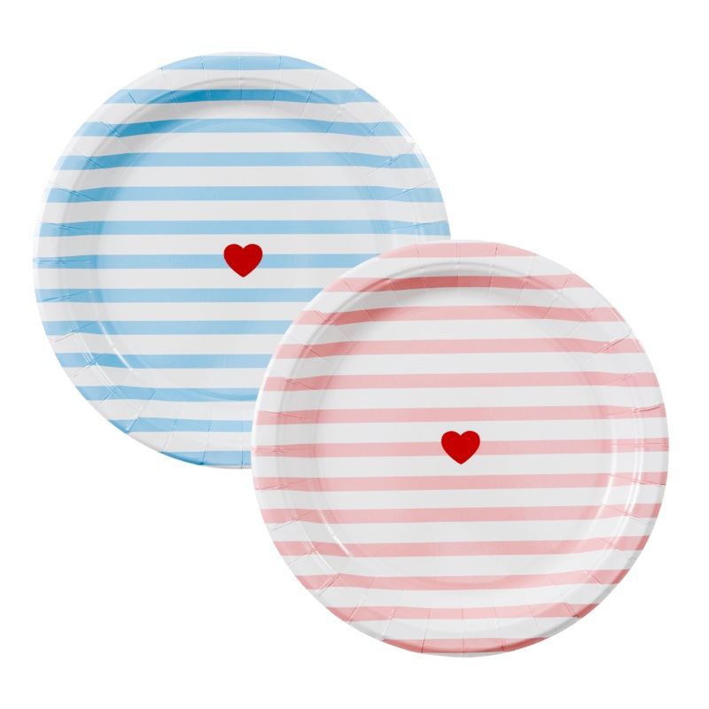 Valentines Day Paper Plates in Blue and Pink Stripes 24 pcs