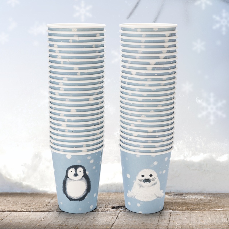 Winter Friends Birthday Party Paper Cups with Penguin and Seal (50pcs)