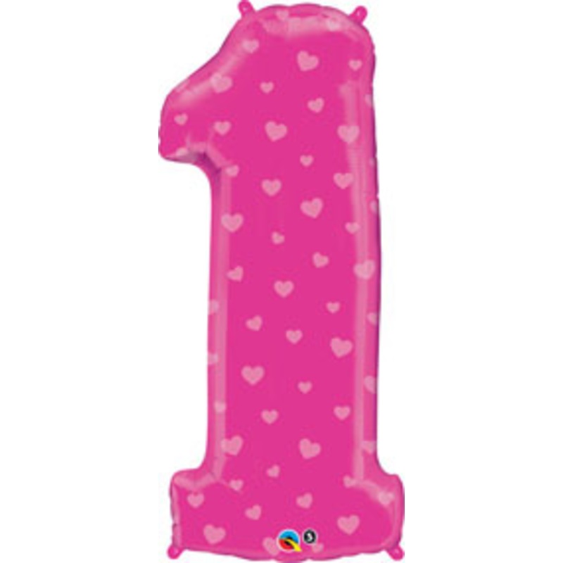Pink Large Number One Balloon with Hearts (DNR)