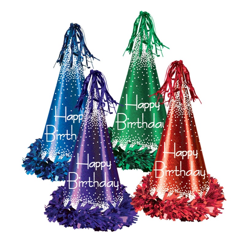 Fringed Foil Happy Birthday Party Hats assorted colors (12 per Case)