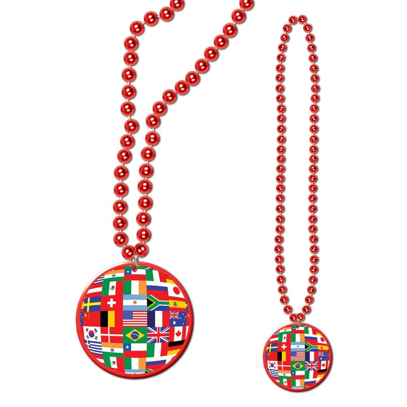 Party Bead Necklaces with International Flag Medallion