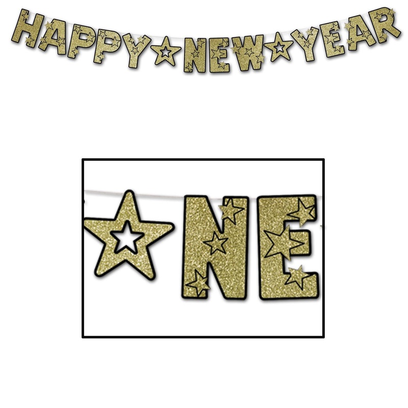 Glittered Happy New Year Streamer - black & gold
