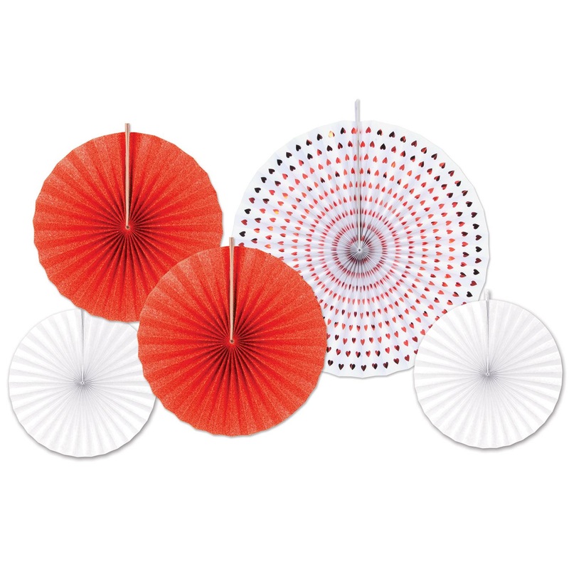 Valentine's Day Paper & Foil Decorative Fans - Assorted red & white (5 per Package)