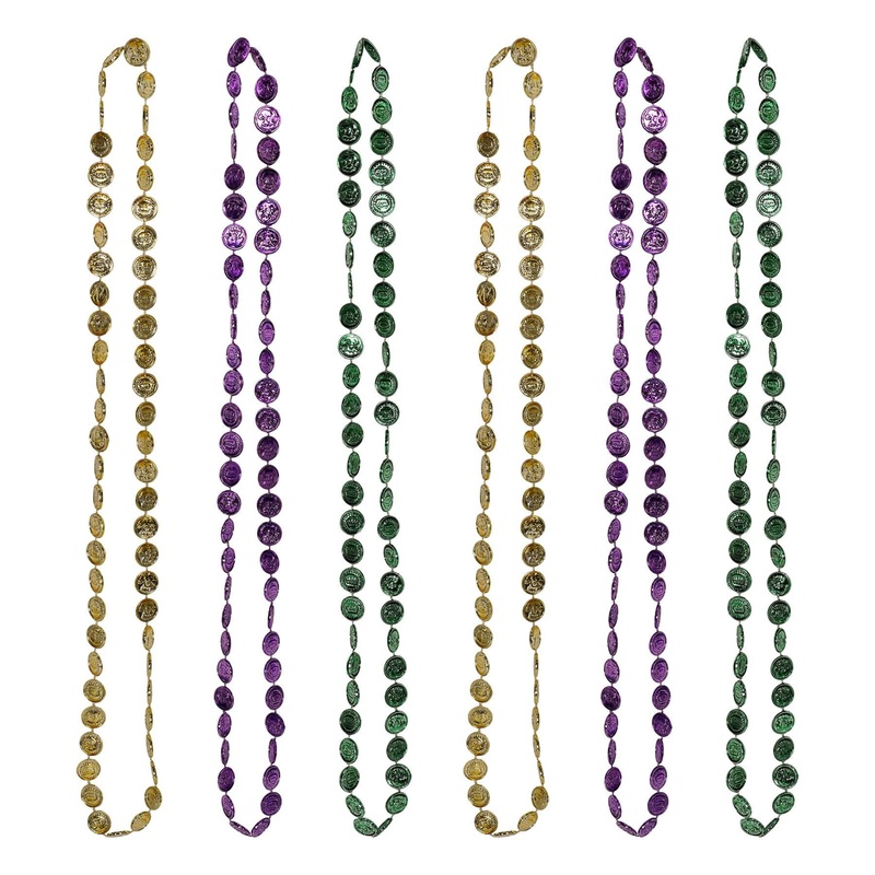 Mardi Gras Coin Bead Necklaces assorted gold, green, purple (6 Per Package)