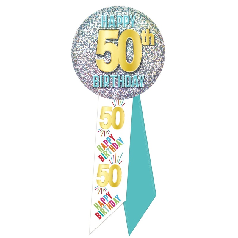 50th Birthday Rosette- Blue, White, and Glitter