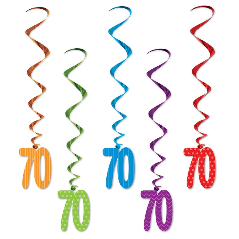 70th Birthday Party Whirls - Assorted colors with Design (5 per Package)