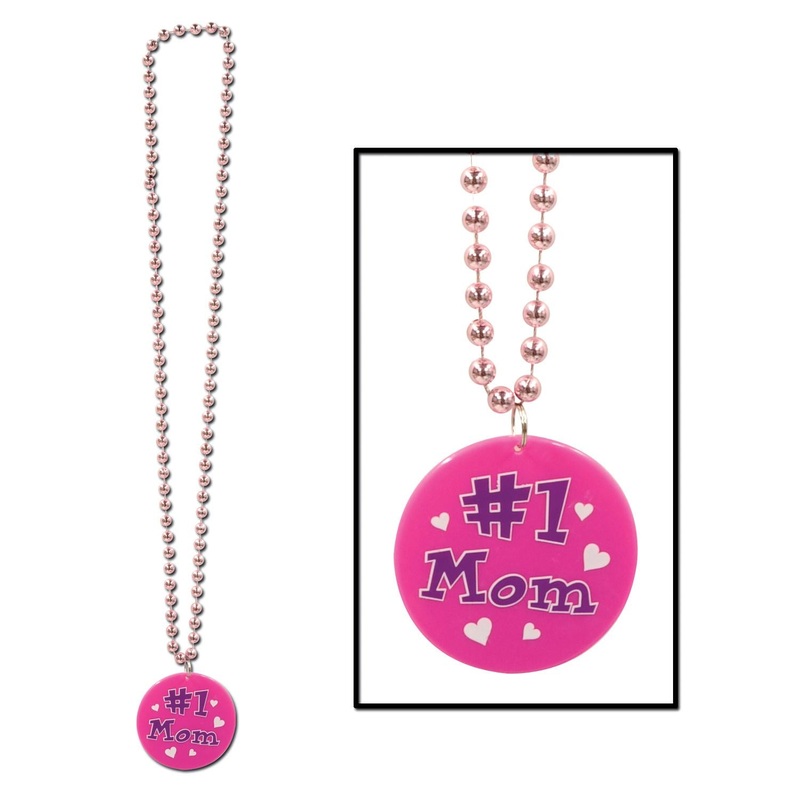 Bead Necklace with Printed #1 Mom Mother's Day Medallion