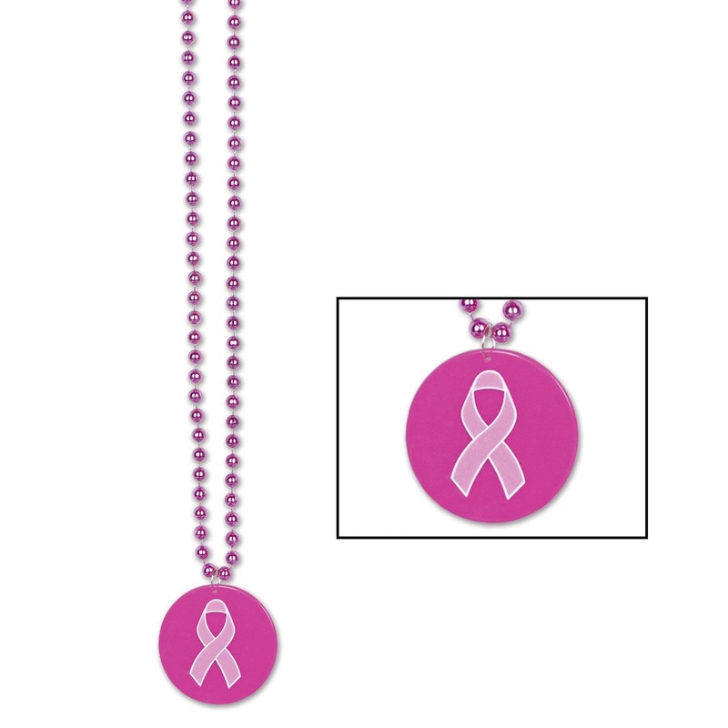 Bead Necklace with Printed Pink Ribbon Medallion
