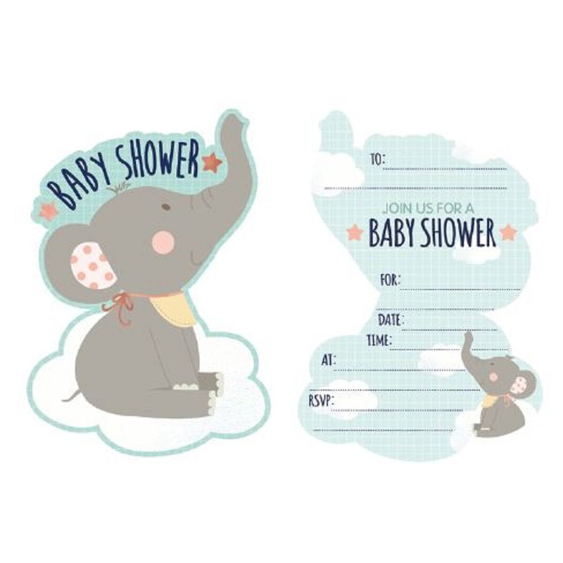 Baby Shower Elephant Shaped Invitations - 8 Pkt