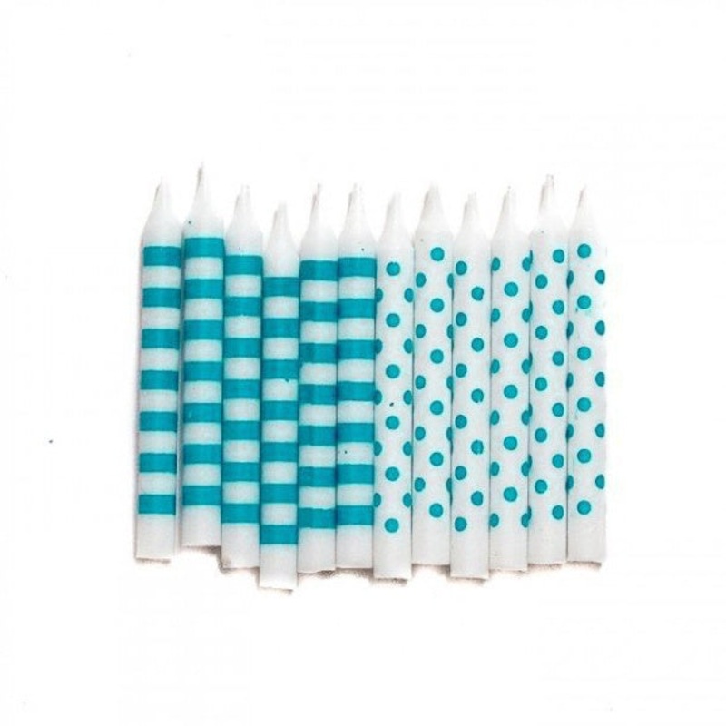 Caribbean Teal Dots & Stripes Candles - 12 Pkt