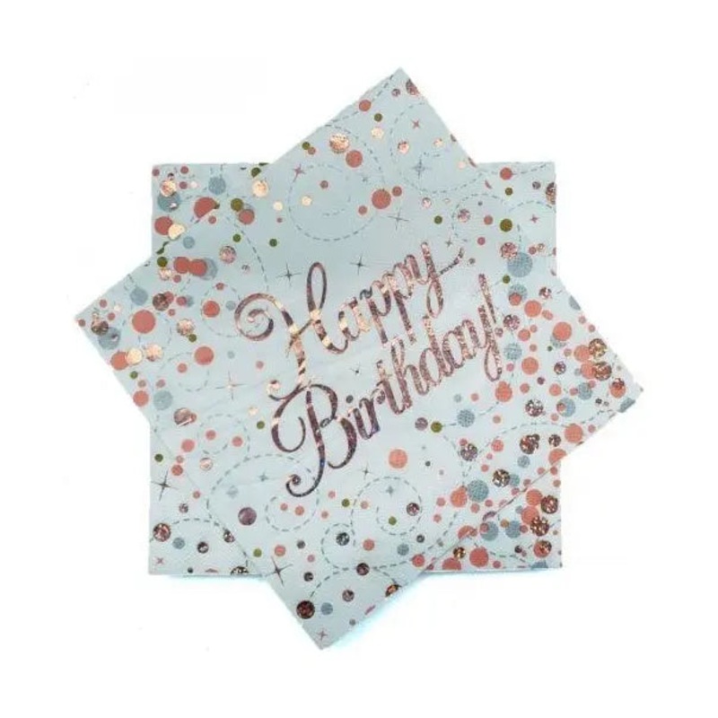 Sparkling Fizz Rose Gold Happy Birthday Napkins - Lunch 16 Pkt