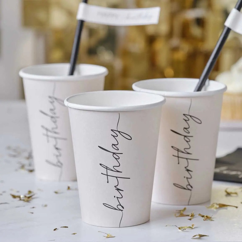 Ginger Ray Nude & Black Happy Birthday Party Cups - 8 Pkt