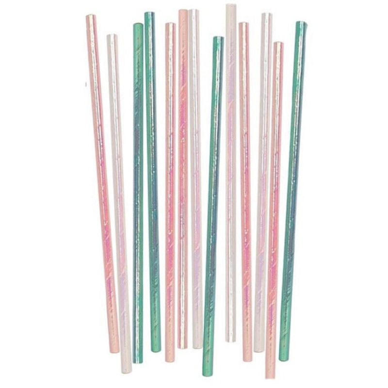 Iridescent Teal & White Paper Straws - 20 Pkt