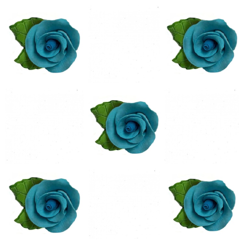 Edible Icing Rose with Leaves 40mm - Blue 5 Pkt