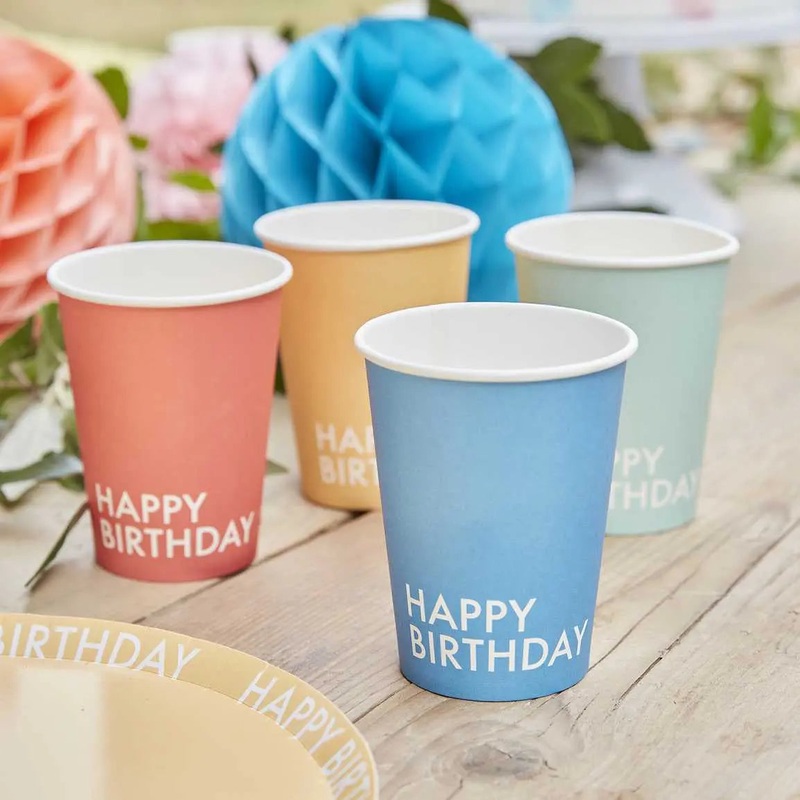 Ginger Ray Brights Happy Birthday Cups - 8 Pkt