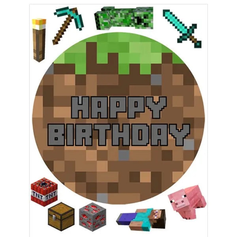 Minecraft Happy Birthday Edible Cake Image with FREE Edible Icons