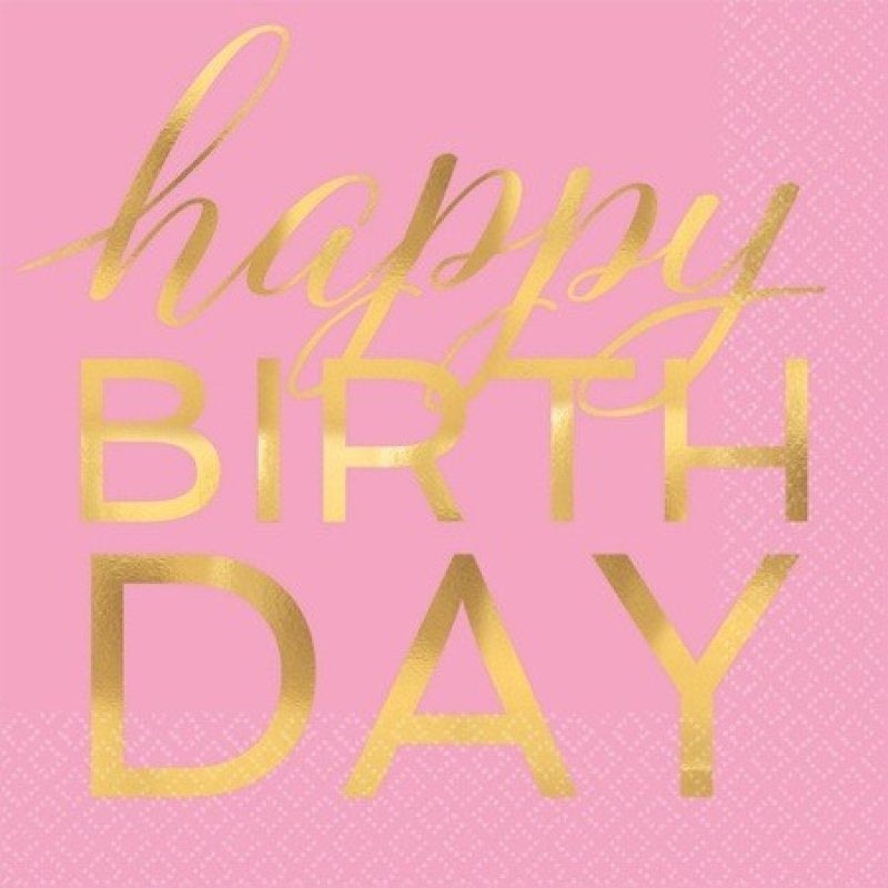 Pink & Gold Happy Birthday Napkins - Lunch 16 Pkt