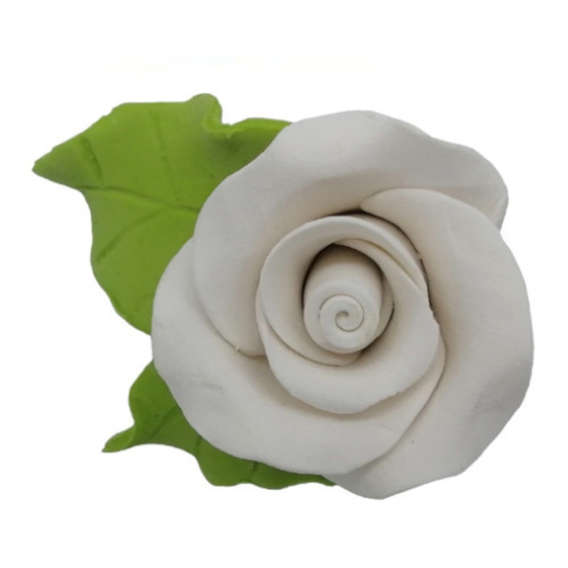 Edible Icing Rose with Leaves 40mm - White