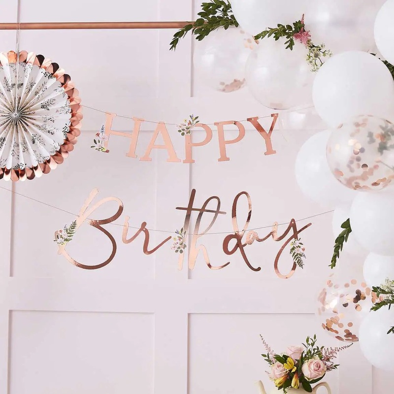 Ginger Ray Floral Rose Gold Happy Birthday Banner