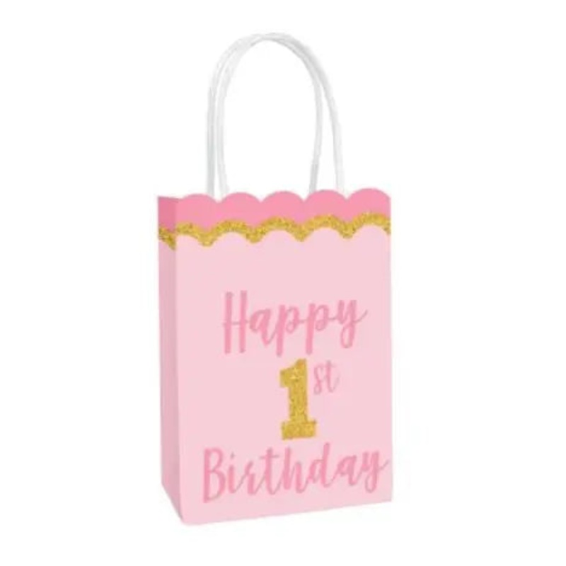 Pink 1st Birthday Glittered Paper Party Bag -  CLEARANCE