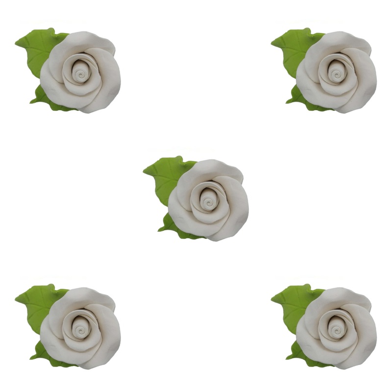 Edible Icing Rose with Leaves 40mm - White 5 Pkt