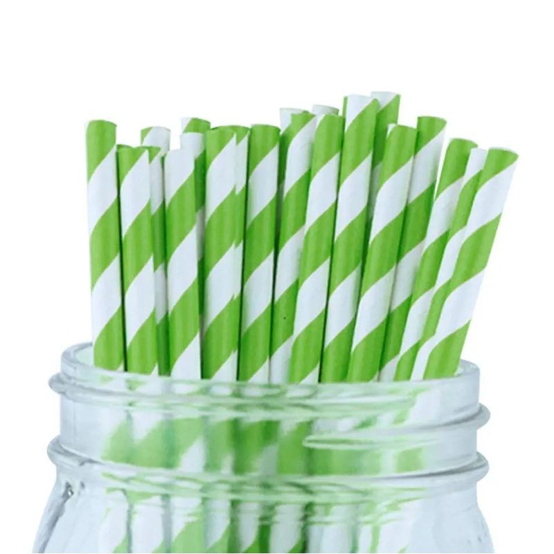 Kiwi Green Striped Paper Straws - 24 Pkt