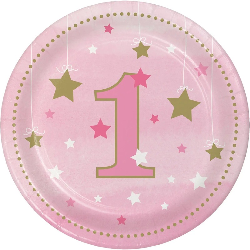 One Little Star Number 1 Pink Plates - Lunch 8 Pkt