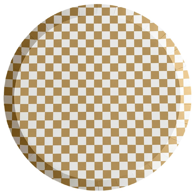 Checkered Matte Gold Paper Dinner Plates 10.25"