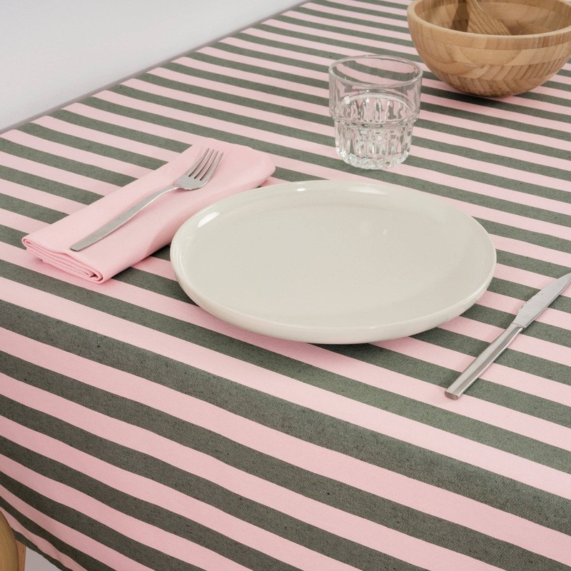 Light Pink / Dark Sage Green Striped Tablecloth 63 x 78"