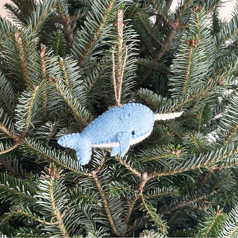 Blue Narwhal Wool Felt Ornament 5"