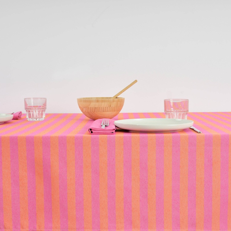Bright Pink / Coral Striped Tablecloth 63 x 118"