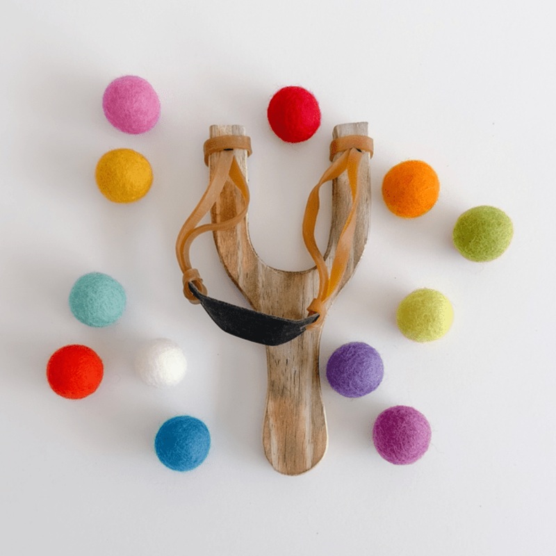 Wooden Slingshot + 12 Assorted Felt Balls