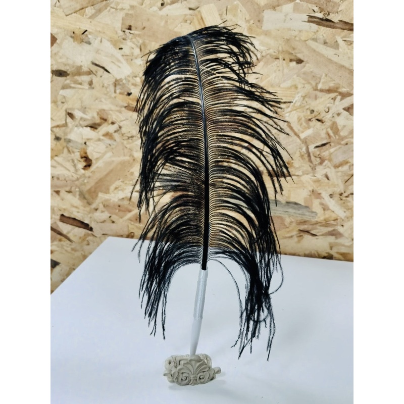 Feather Pen - Black Feather Vintage White Ribbon