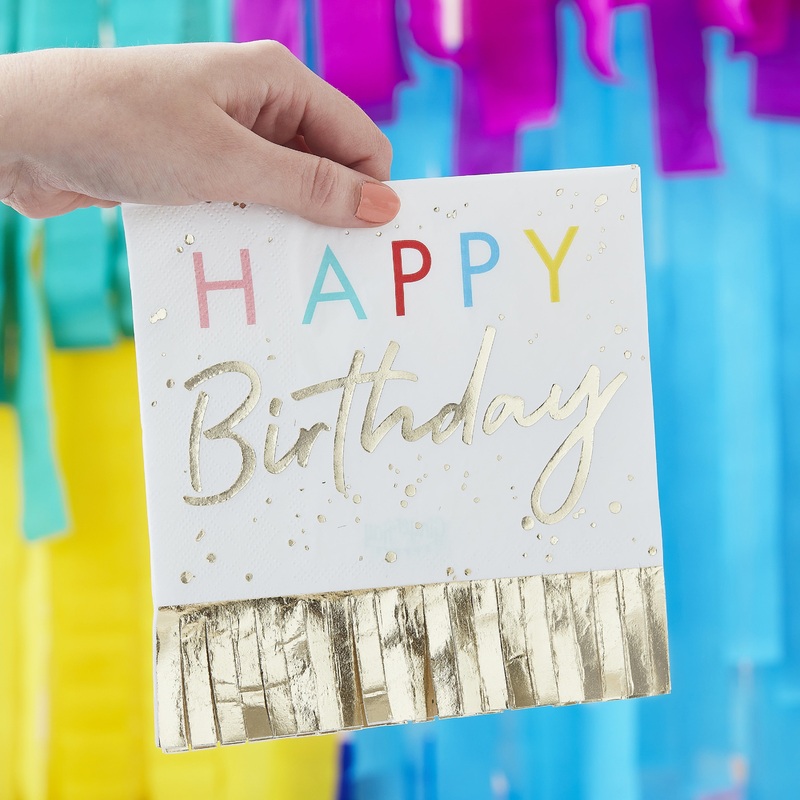 Happy Birthday Fringed Gold Napkins - 16pk