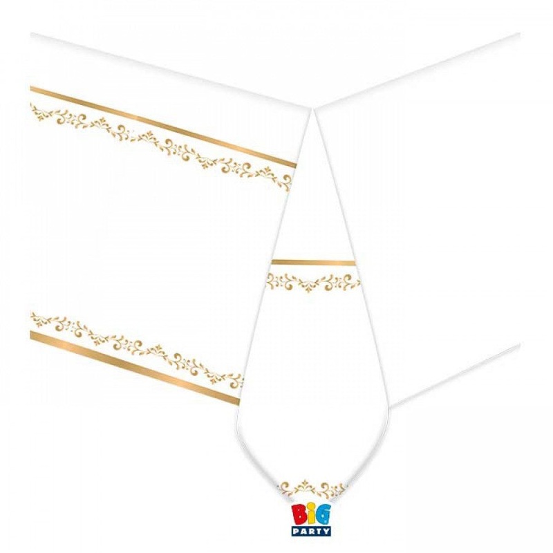 Tablecover Reusable Plastic - White with Gold trim - 140x270cm