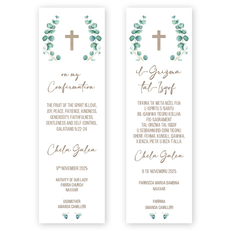 Bookmarks Personalized - Confirmation - Eucalyptus Wreath and Cross
