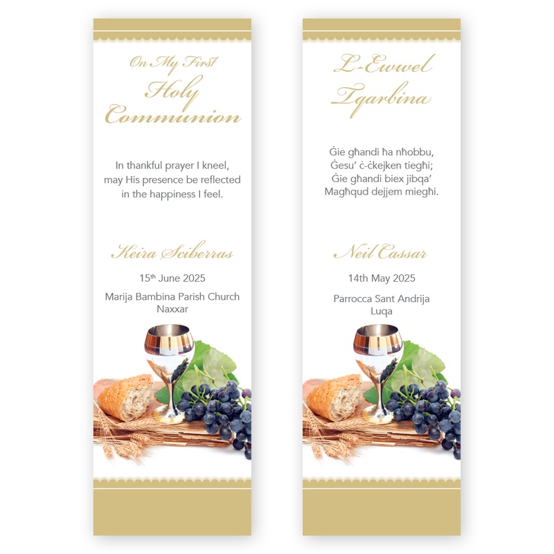 Bookmarks Personalized - First Holy Communion - Chalice, Bread and Grapes