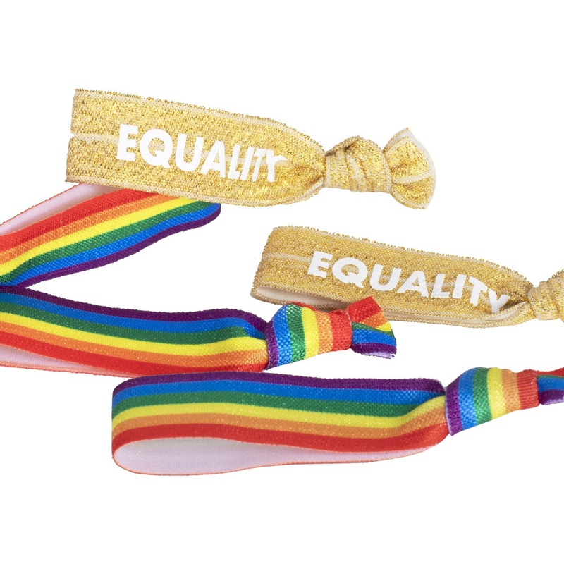 5 RAINBOW STRIPE AND GOLD EQUALITY WRIST BANDS