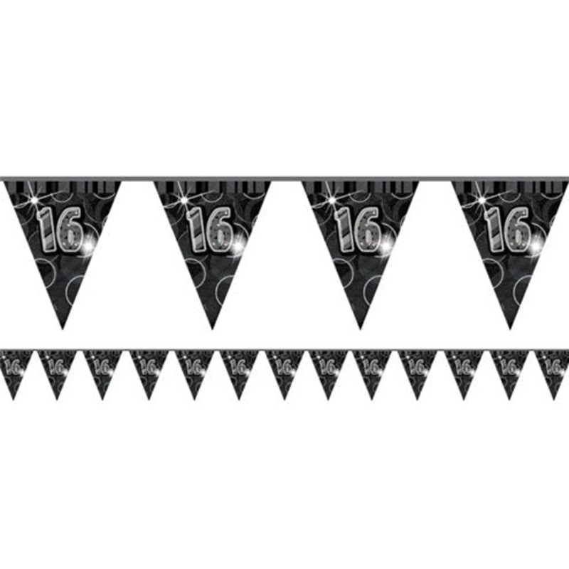 16th Birthday Black Plastic Flag Banner - 3.65m