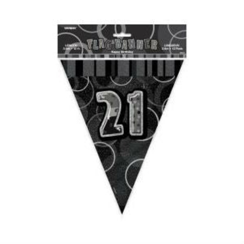 21st Birthday Black Plastic Flag Banner - 3.7m
