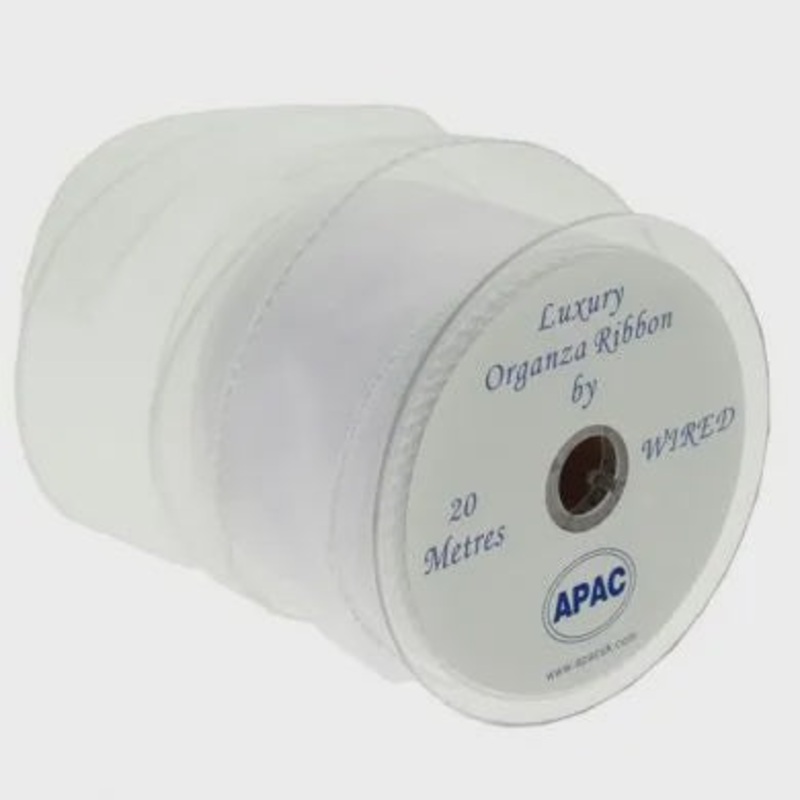 Organza Ribbon with Wired Edge - White - 70mm