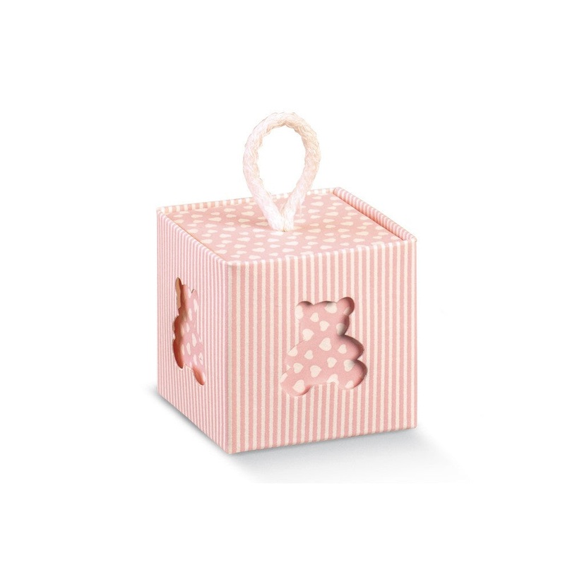 Box w/Chord - Pink with Bear Cutout - 50x50x50mm