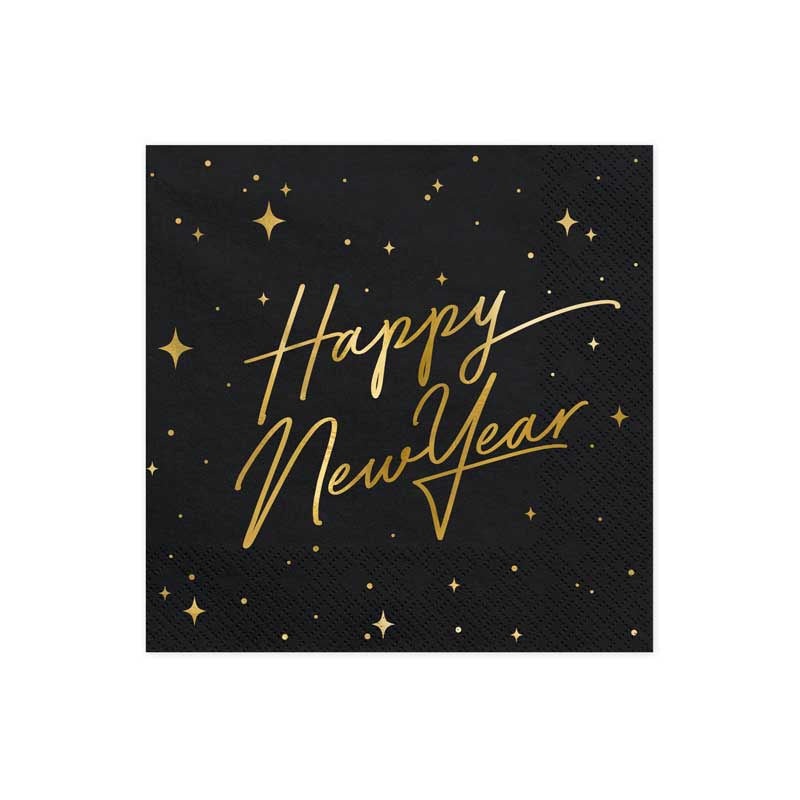 Napkins Happy New Year, black, 33x33cm - 20pk