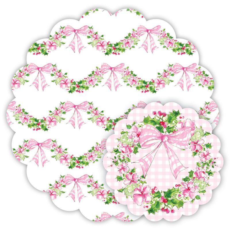 HANDPAINTED PINK FLORAL & HOLLY SWAG DOILY SET