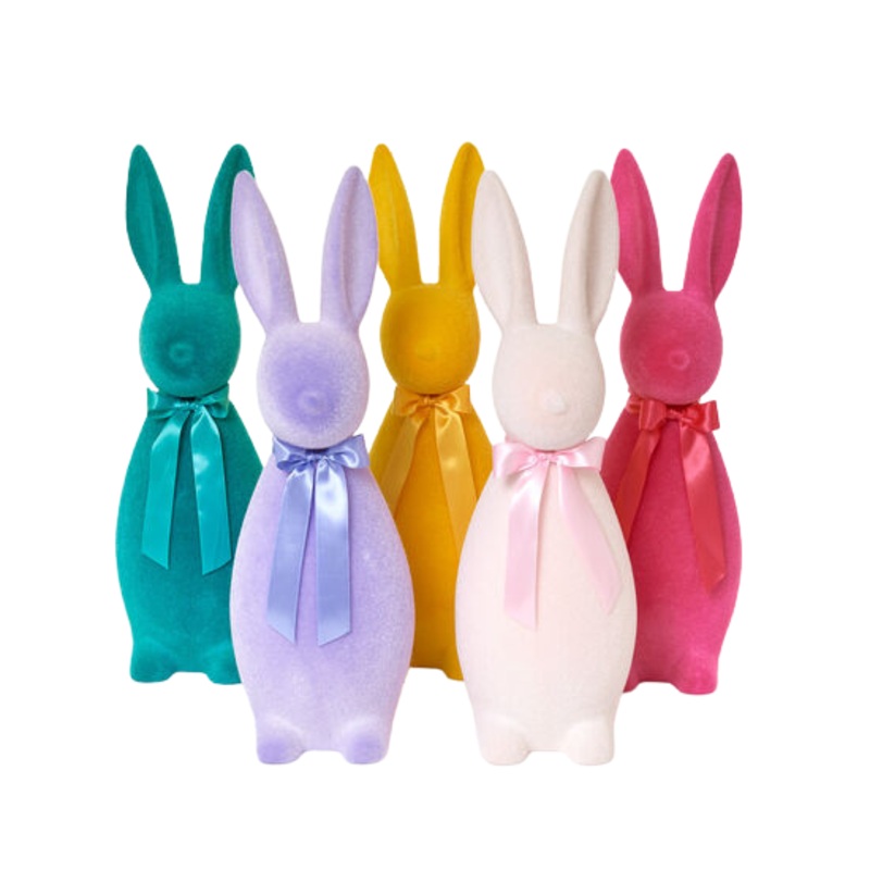 LARGE BRIGHT FLOCKED BUNNY DECORATION WITH BUTTON NOSE