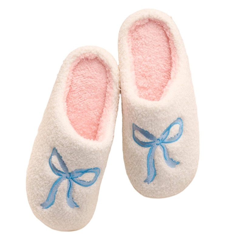 BLUE BOW FUZZY SLIPPERS