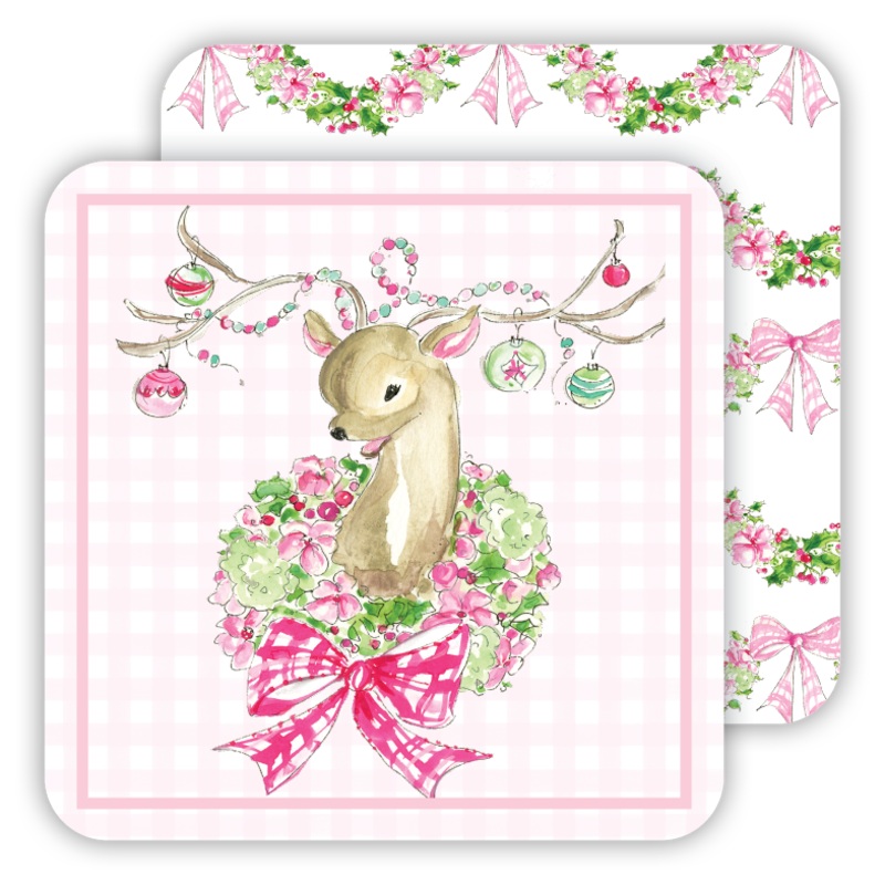 HANDPAINTED PINK CHRISTMAS VINTAGE DEER PAPER COASTERS