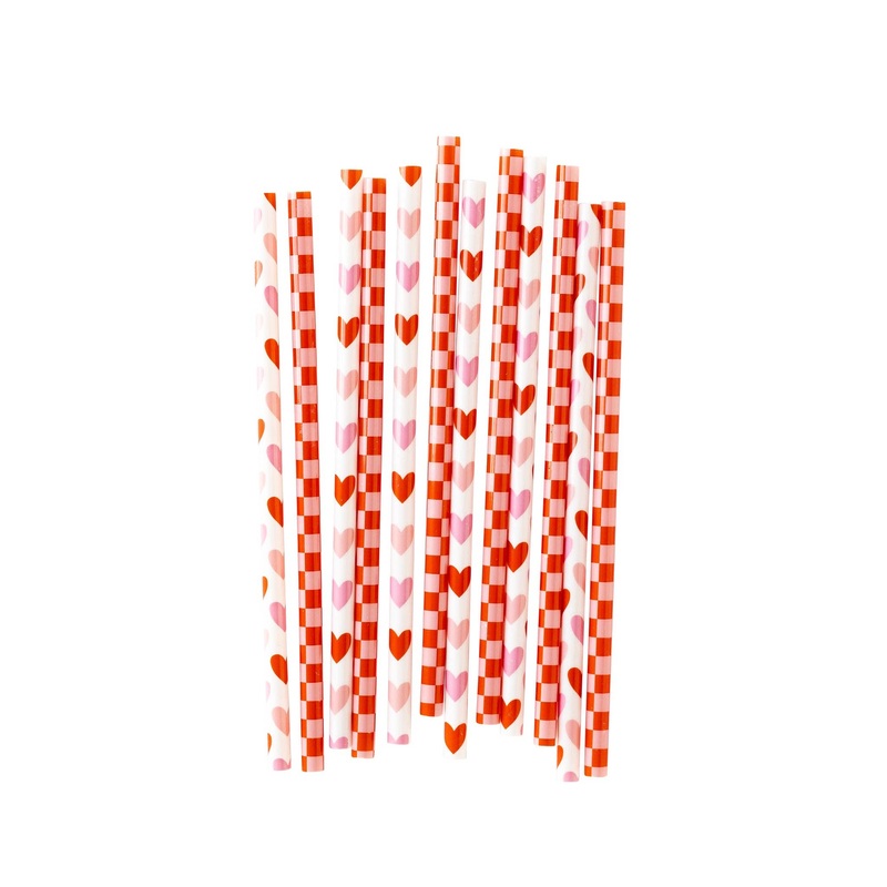 PINK & RED CHECKER HEART REUSABLE STRAWS