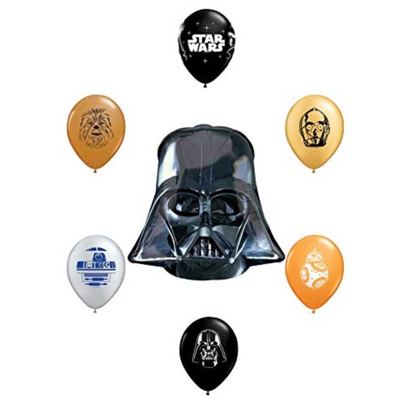 25" Darth Vader Helmet Foil Balloon and 6pc Star Wars 11" Character Print Latex Balloons Chewbacca, Darth Vader, C3PO, R2D2, BB8, Yoda